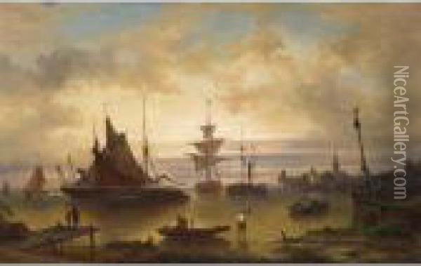 Ships In The Harbour Of A Dutch Town Oil Painting - Elias Pieter van Bommel