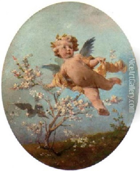A Putto In Spring-time Oil Painting - Julius Victor Berger