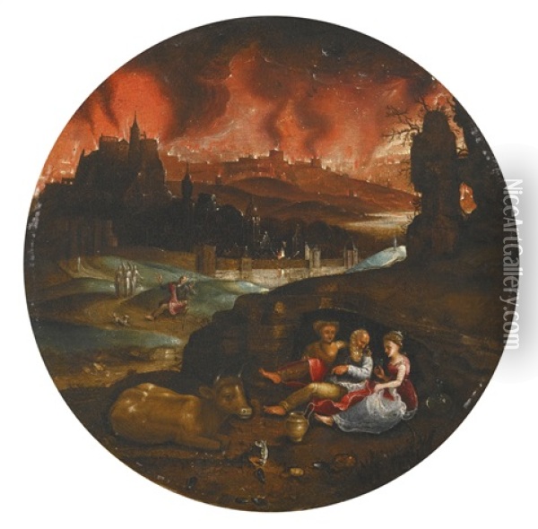 Lot With His Daughters, Sodom And Gomorrah Burning In The Distance Oil Painting - Michiel De Gast