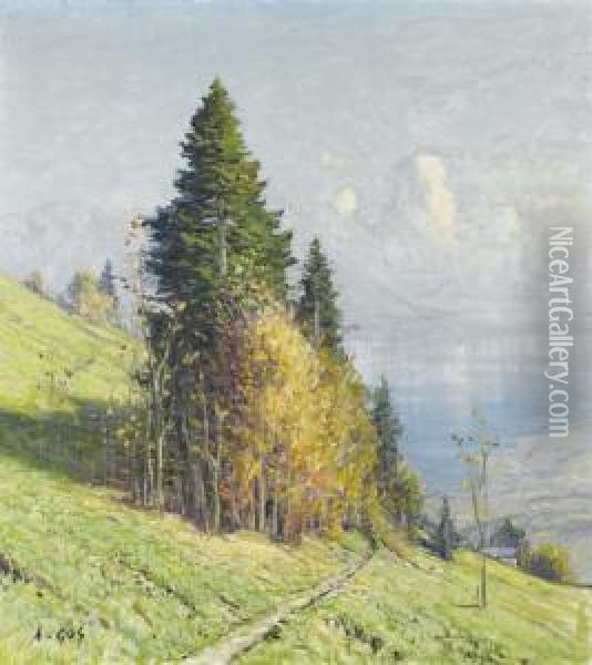 Baumgruppe Mit Blick Auf Den Genfersee. Oil Painting - Albert H. Gos