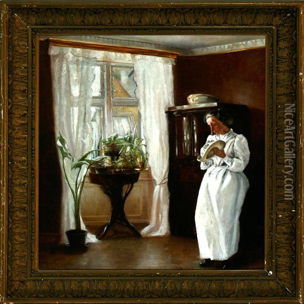 A Young Woman In A White Dress Standing At A Window. Signed P. B Oil Painting - Paul Trepka Bloch
