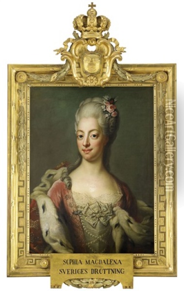Portratt Av Drottning Sofia Magdalena Ikladd Rod Klanning Och Hermelinmantel - Brostbild Oil Painting - Jacob Bjork