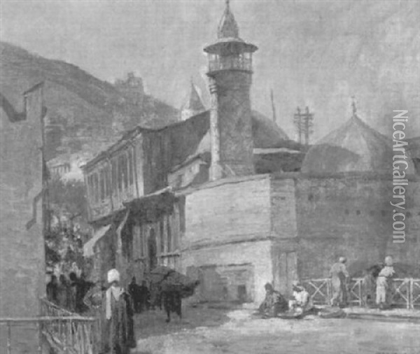 Belebte Strase Vor Der Moschee Von Tiflis Oil Painting - Karl Max Tilke