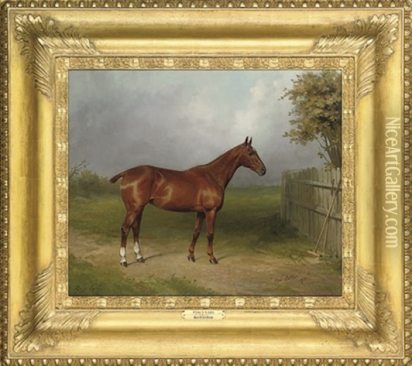 The Polo Pony Red Letter, With Polo Sticks Leaning Against A Fence Oil Painting - Thomas Percy Earl