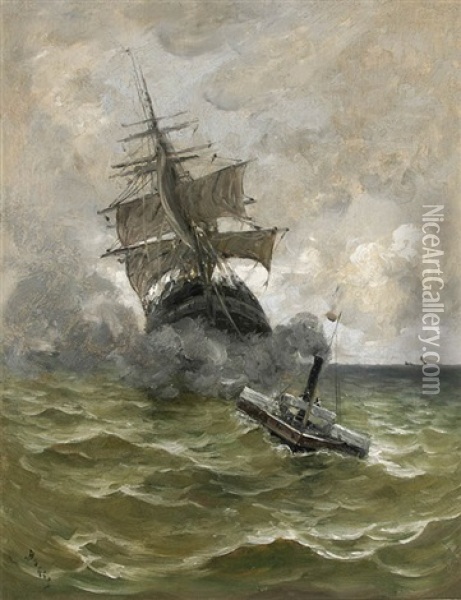 Steam Tug With Sailing Ship Under Tow Oil Painting - Frank Myers Boggs