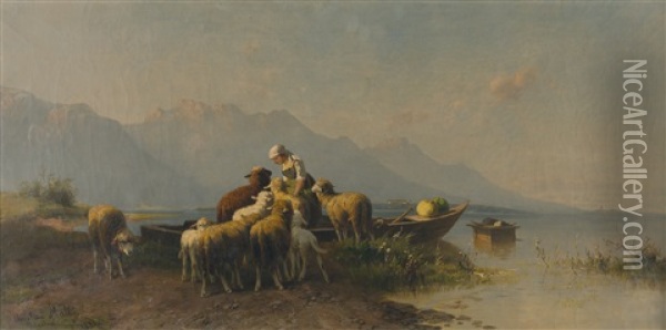 Hirtin Mit Schafen Am Abendlichen Chiemsee Oil Painting - Christian Friedrich Mali