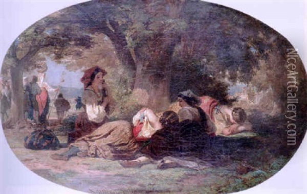 Italian Peasants Resting Beneath A Tree Oil Painting - Robert Alexander Hillingford