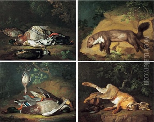 Natures Mortes Aux Lievre, Fouine, Canards Colvert, Vanneau, Grives, Merle Et Perdreau (set Of 4) Oil Painting - Pieter Rysbraeck