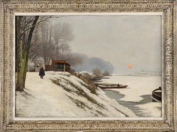 Winterliche Fluslandschaft Mit Ausflugslokal. Oil Painting - Albert-Lucien Dubuisson