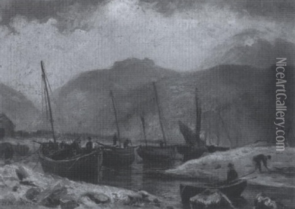 Fischerboote In Einer Flusmundung An Der Kuste Der Insel Arran In Schottland Oil Painting - Friedrich Ernst Morgenstern