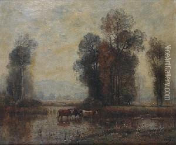Landscape With Cows Oil Painting - Louis-Aime Japy