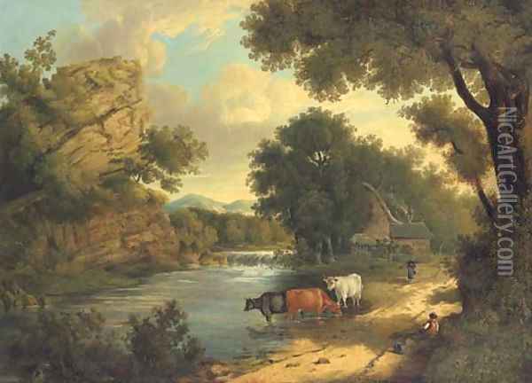 View near Knaresborough, with cattle and figures by a river Oil Painting - Henry Ladbrooke
