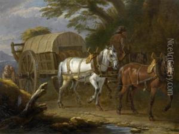 Horse And Cart With Peasant Folk On A Forest Road Oil Painting - Pieter van Bloemen