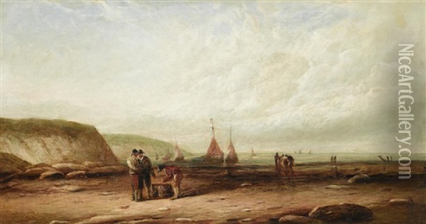 Low Tide Gather And Fishermen Gather, A Pair Oil Painting - John Callow