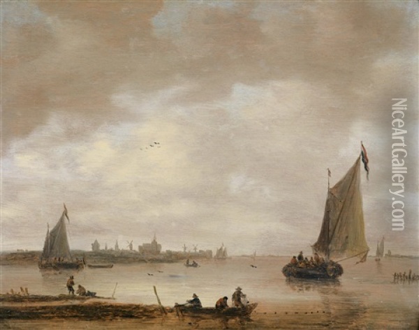 Segelboote Vor Ferner Kustenlandschaft Oil Painting - Salomon van Ruysdael