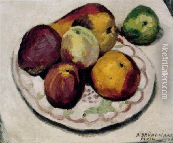 Apfel Und Birnen Auf Bemaltem Teller Oil Painting - Hans Bruhlmann