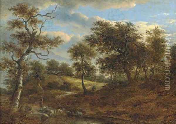 A wooded landscape with a shepherd driving his flock Oil Painting - Jacob Van Ruisdael