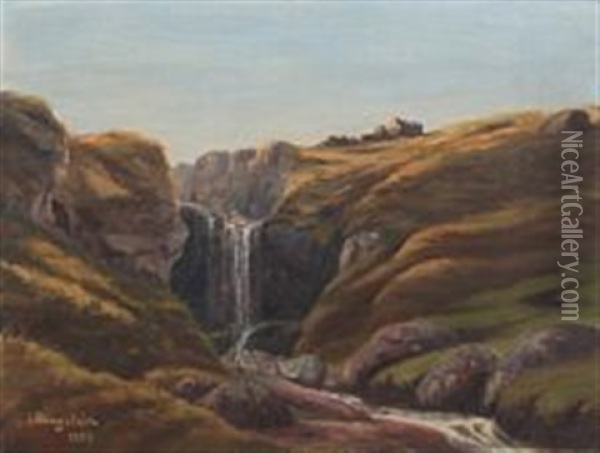 Landscape With Waterfall Oil Painting - Joen Waagstein