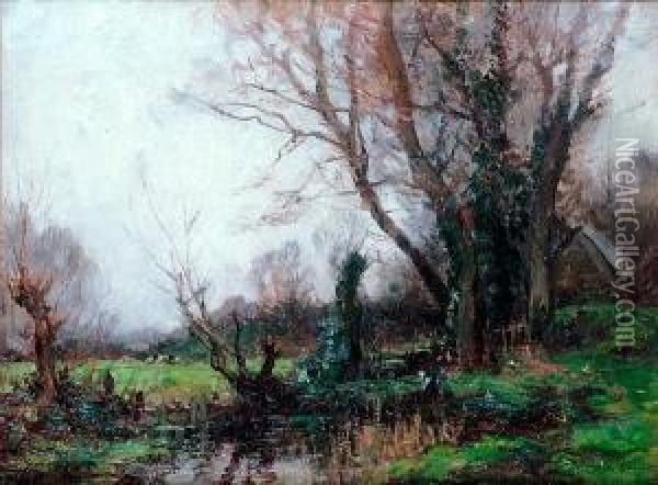 An Autumnal River Landscape Oil Painting - John Noble Barlow