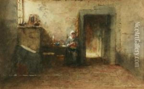 Interior With A Kitchen Maid Oil Painting - Johannes Weiland