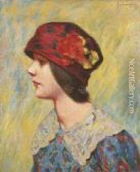 Profile De Jeune Fille En Buste Chapeau Rouge Garni De Fleurs Oil Painting - Federigo Zandomeneghi