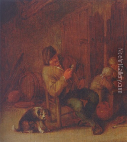 A Boor Smoking In An Inn With A Dog And Two Children Oil Painting - Adriaen Jansz van Ostade