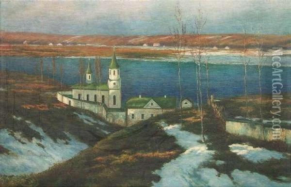 Vladimir . River Landscape With A Monastery At Sunset, Probably At River Wolga Oil Painting - Wladimir Jettel