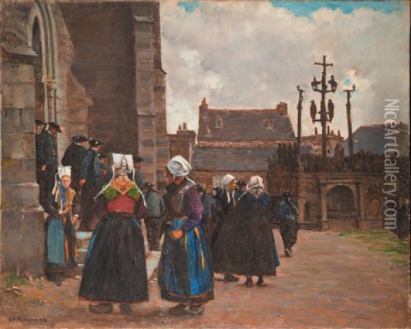 Plougastel, La Sortie De L'eglise Oil Painting - Joseph Felix Bouchor