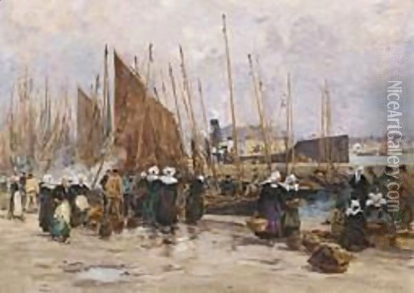 A Fish Market In Brittany Oil Painting - Fernand Marie Eugene Legout-Gerard