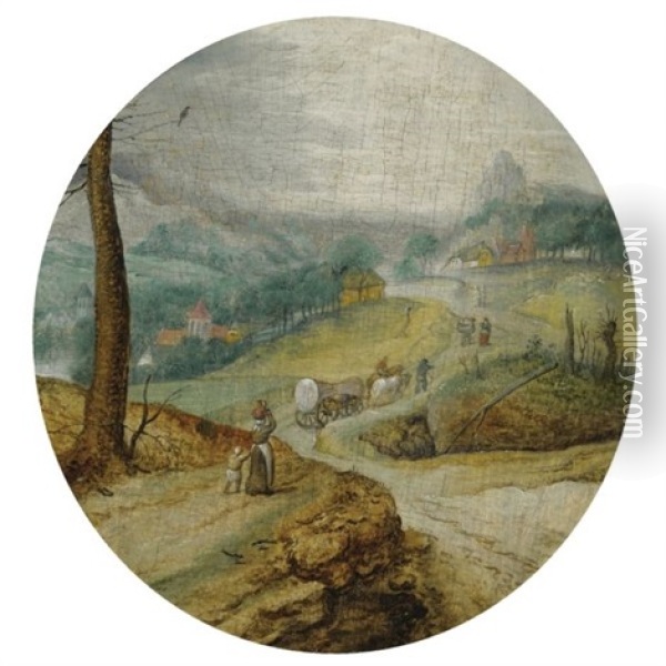 Peasants With A Horse Drawn Wagon On A Country Road, A View Of A Village Beyond Oil Painting - Jacob Grimmer