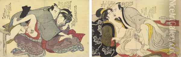 Set Of Twelve Erotic Prints Oil Painting - Katsukawa Shuncho