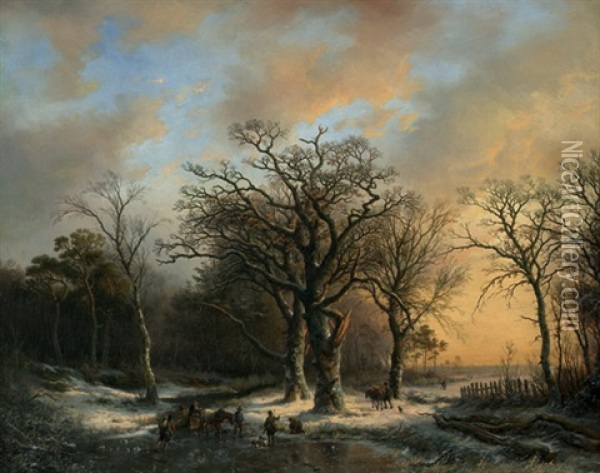 Romantische Winterlandschaft Mit Grosen Eichen Und Bauern Auf Einem Gefrorenen Teich Oil Painting - Willem Bodemann