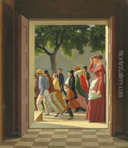 View Through A Door To Running Figures Oil Painting - Christoffer Wilhelm Eckersberg