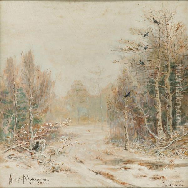 Quiet Day In A Winter Forest Oil Painting - Wladimir Leonidovich Murawjoff