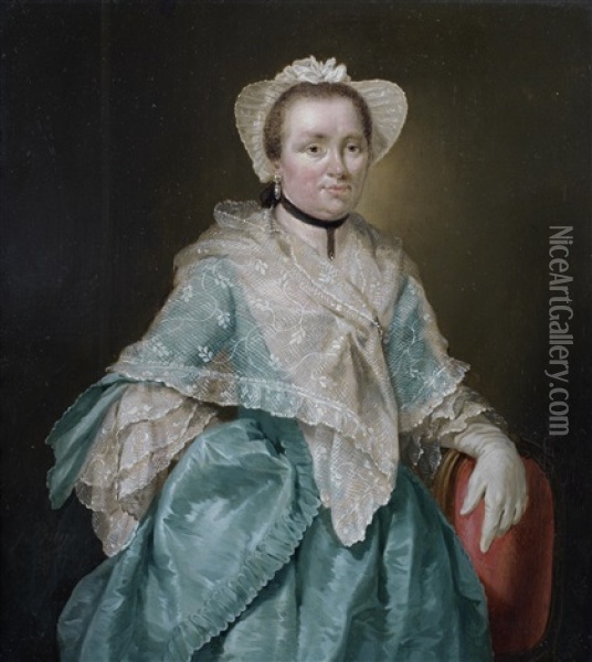 Portrait Of A Lady, Three-quarter-length, In A Blue Silk Dress, A White Lace Shawl And A White Bonnet Oil Painting - Jacob Buys