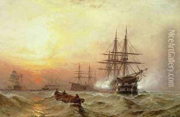 Man-o-War firing a salute at sunset Oil Painting - Claude T. Stanfield Moore