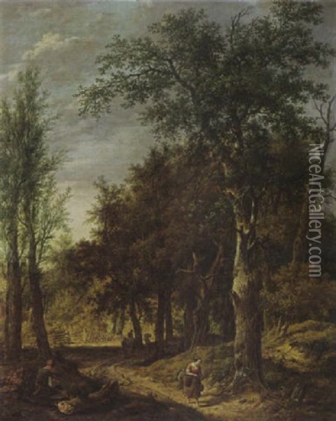 A Wooded Landscape With A Woodcutter Resting On A Stump And Figures On A Path Oil Painting - Pietersz (Pieter) Barbiers