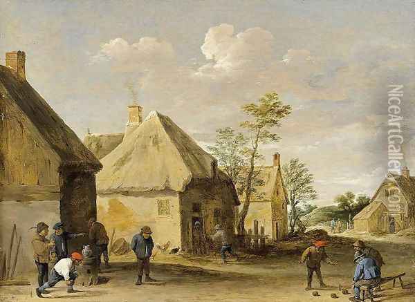 Peasants Bowling in a Village Street c. 1650 Oil Painting - David The Younger Teniers