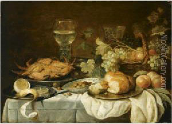 Still Life With A Roemer, A 
Crab, A Half-peeled Lemon, And A Bread Roll On Pewter Plates, A Basket 
With Fruit, And A Chinese Bowl With Olives, All Arranged On A Draped 
Table Oil Painting - Pieter Claesz.