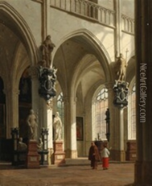 Church Interior With A Monk And An Altarboy Oil Painting - Heinrich Hansen