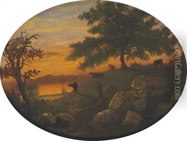 Cattle At Sunset Oil Painting - Albert Bierstadt