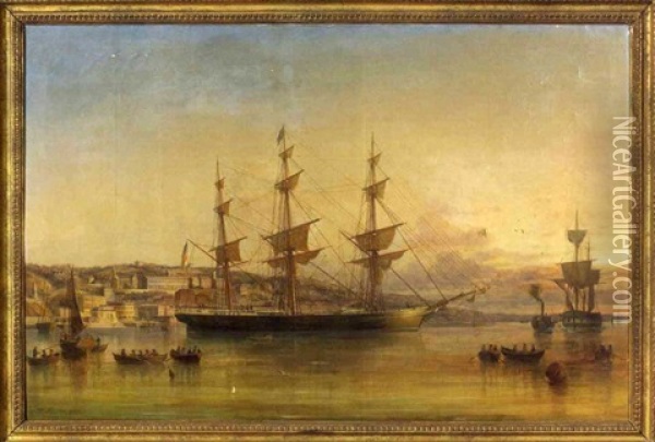 Three-masted Ship In A Harbor Oil Painting - George Atkinson
