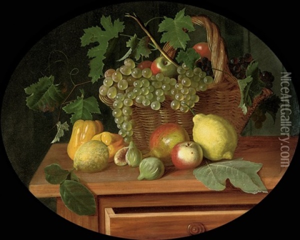 A Basket Of Apples And Grapes Surrounded By Peppers, Lemons, A Pomegranate And Figs On A Table Oil Painting - Michelangelo Meucci