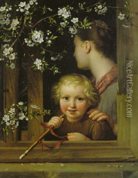 Kind Und Madchen In Einem Weinumrankten Fenster Oil Painting - August von der Embde