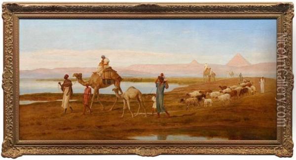 Durch Die Wuste Wandernde Beduinen Vor Den Pyramiden In Agypten Oil Painting - Frederick Goodall