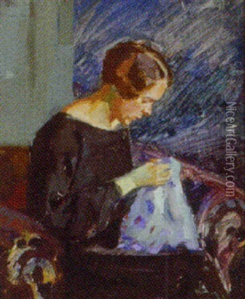 Interior Med Syende Kvinde Oil Painting - Heinrich Hansen