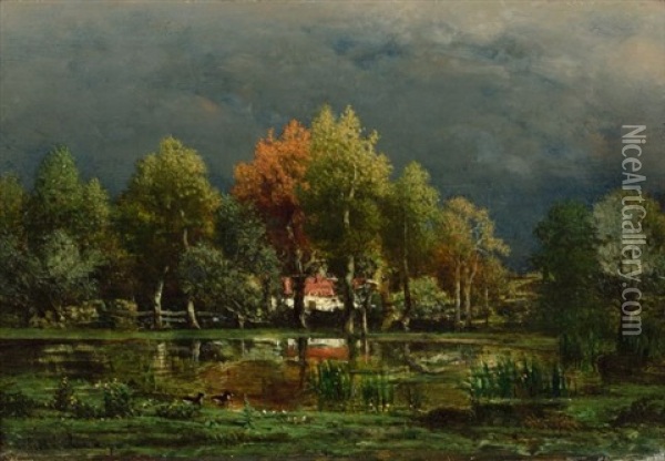 Maison Entouree D'arbres Au Bord D'un Etang Oil Painting - Marie Guillaume Charles Leroux