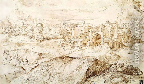 Mountainous Landscape with Antique Ruins Oil Painting - Domenico Campagnola