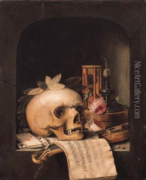 A Vanitas Still Life With A Wreathed Skull, A Pochette Violin And Abow, A Deck Of Cards, A Musical Score, A Pair Of Dice, A Boxinscribed Poudre De Civet, Two Roses, An Hourglass And Asnuffed-out Candle In A Niche Oil Painting - Simon Renard De Saint-Andre