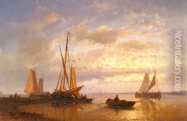 Dutch Fishing Vessels In A Calm At Sunset Oil Painting - Abraham Hulk Snr